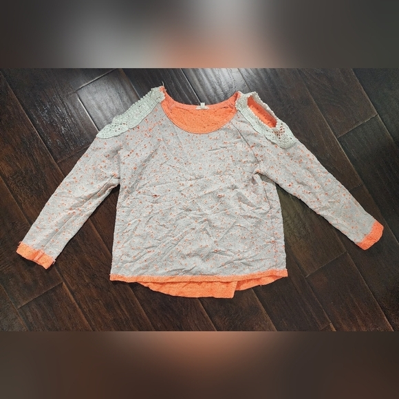 Oddy Womens Distressed Shoulder Cut Out Orange Grey Pullover Sweater - Picture 2 of 11